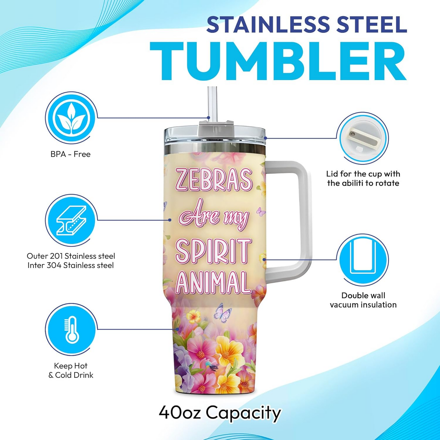 Zebra Lover Tumbler 40oz with Handle & Straw – Personalized Stainless Steel Insulated Cup with Lid – Stylish Birthday Gift for Animal Fans