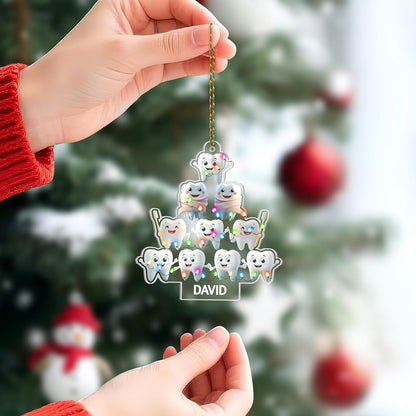 Smiling teeth Christmas tree cut acrylic ornament – personalized dental design, custom name holiday gift for dentist, hygienist, assistant or dental student