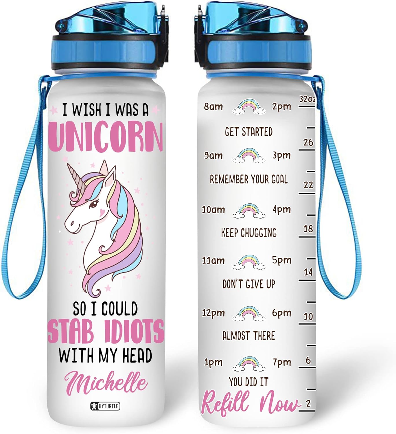 Funny Unicorn Lovers Water Bottle Tracker 32oz – Personalized BPA-Free Bottle with Time Marker – Cute Gift for Girls & Unicorn Fans