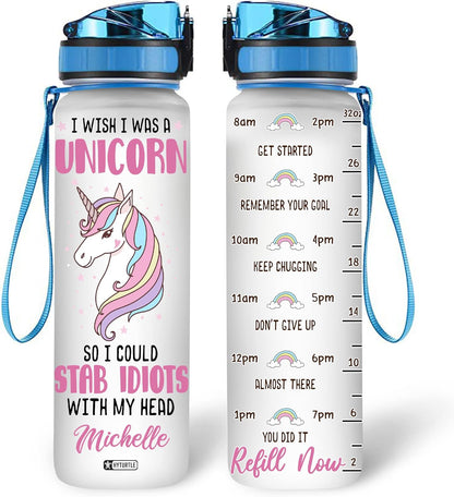 Funny Unicorn Lovers Water Bottle Tracker 32oz – Personalized BPA-Free Bottle with Time Marker – Cute Gift for Girls & Unicorn Fans