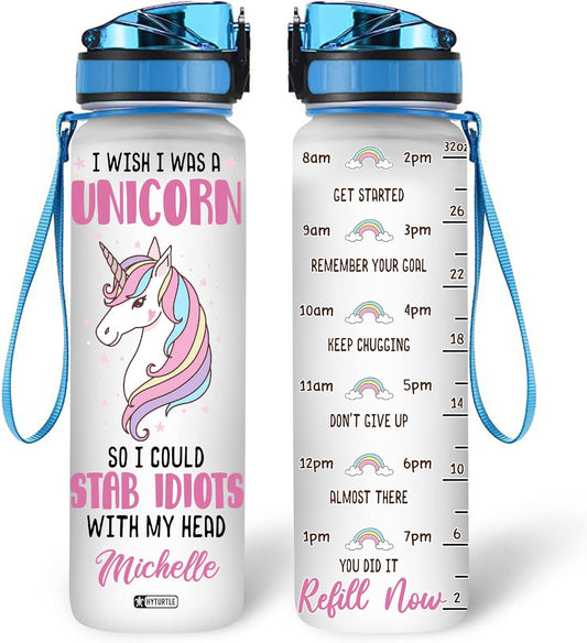 Funny Unicorn Lovers Water Bottle Tracker 32oz – Personalized BPA-Free Bottle with Time Marker – Cute Gift for Girls & Unicorn Fans