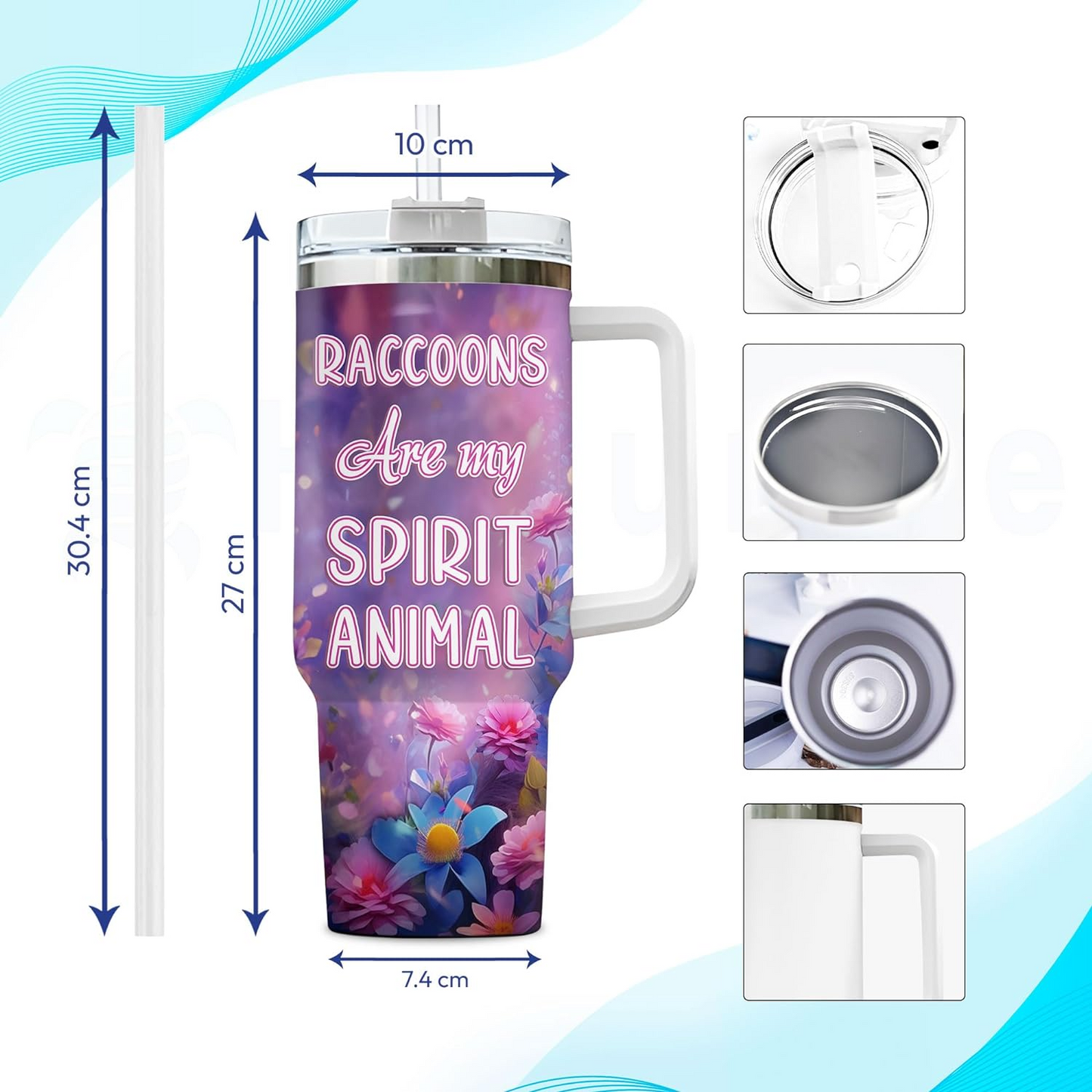 Raccoon Lover Tumbler 40oz with Handle & Straw – Personalized Stainless Steel Insulated Travel Cup with Lid – Unique Gift for Animal Lovers
