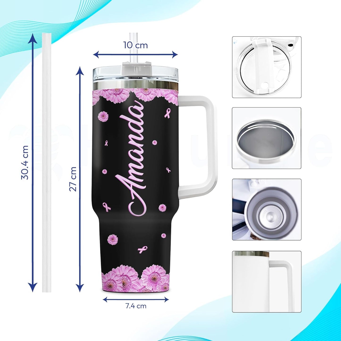 Pink Ribbon Flower Tumbler 40oz – Personalized Stainless Steel Insulated Cup with Handle & Straw – Supportive Gift for Breast Cancer Awareness
