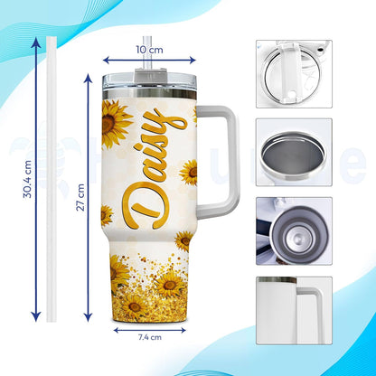 Sunflower Bee Tumbler 40oz with Handle & Straw – Personalized Stainless Steel Insulated Travel Cup with Lid – Unique Gift for Bee Lovers