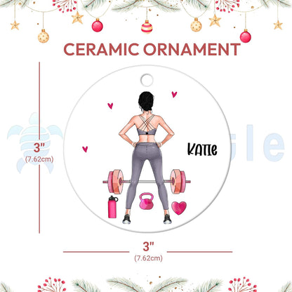 Female Weightlifter Fitness Ceramic Ornament – Personalized Name, Custom Christmas Gift for Gym Girls, Trainers, Coaches and Workout Lovers