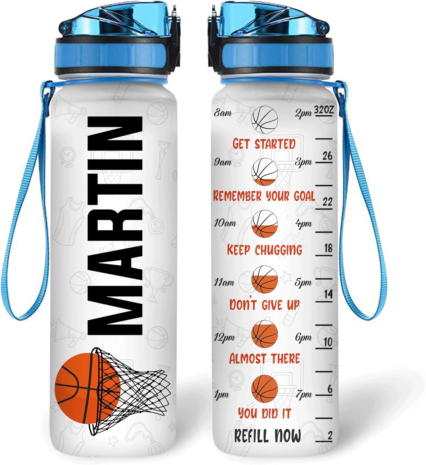 Basketball Water Bottle Tracker 32oz – Personalized Motivational Bottle with Time Marker – Sports Gift for Basketball Players
