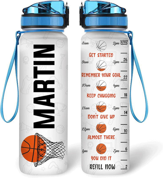Basketball Water Bottle Tracker 32oz – Personalized Motivational Bottle with Time Marker – Sports Gift for Basketball Players