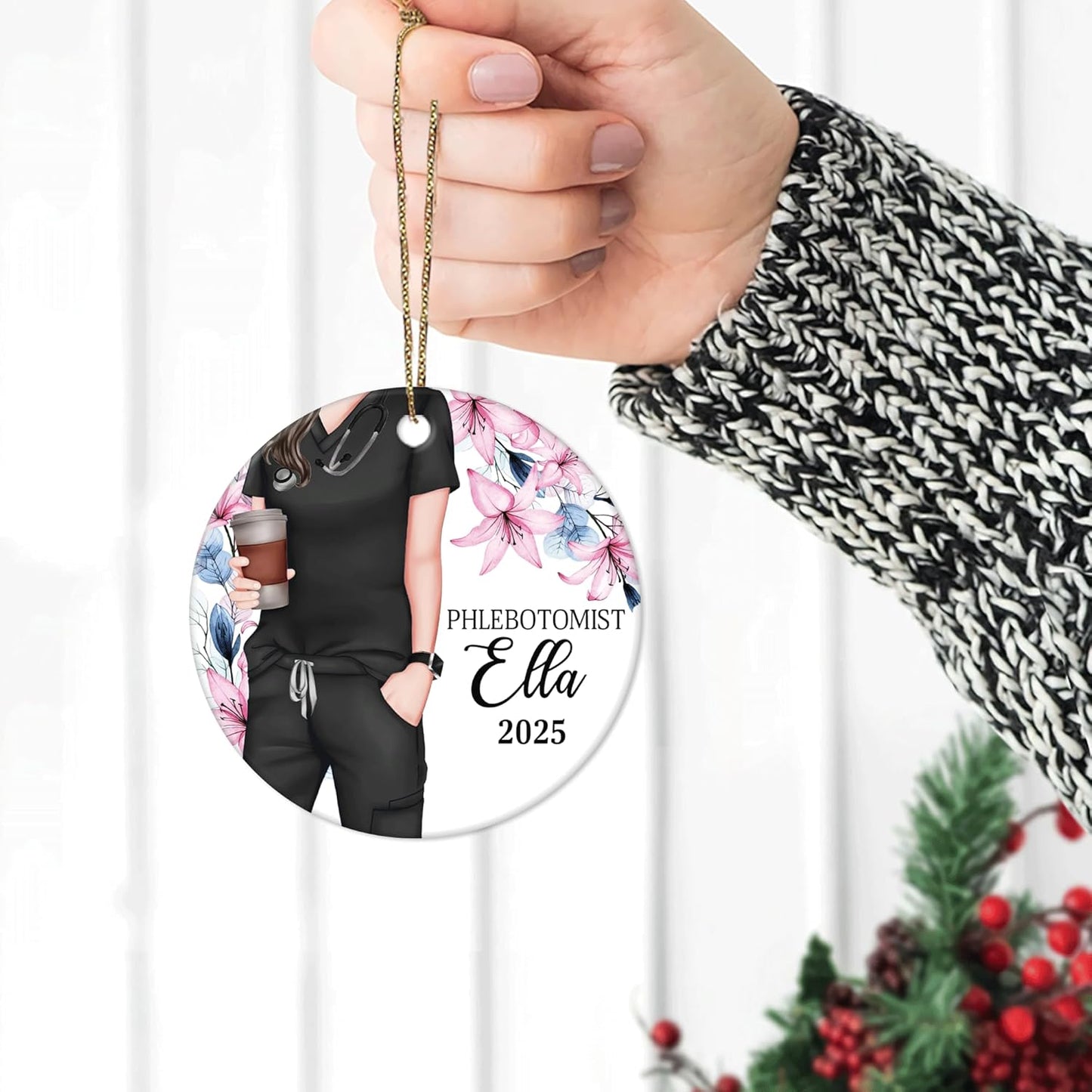 Phlebotomist Scrubs Floral Ceramic Circle Ornament – Personalized Christmas Gift for Medical Worker, Lab Tech or Healthcare Hero Appreciation