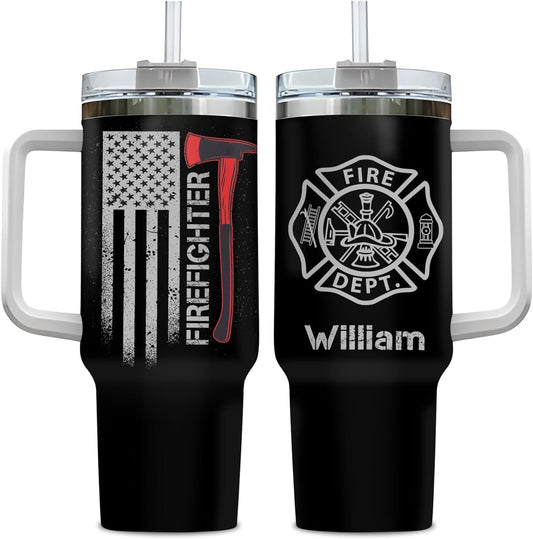 Firefighter Department Tumbler 40oz with Handle & Straw – Personalized Stainless Steel Insulated Travel Cup with Lid – Thoughtful Gift for Firefighter Dads