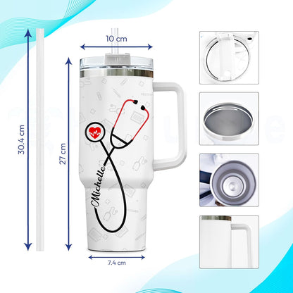 Nurse Stethoscope Tumbler 40oz with Handle & Straw – Personalized Stainless Steel Insulated Travel Cup with Lid – Appreciation Gift for Nurses & Students