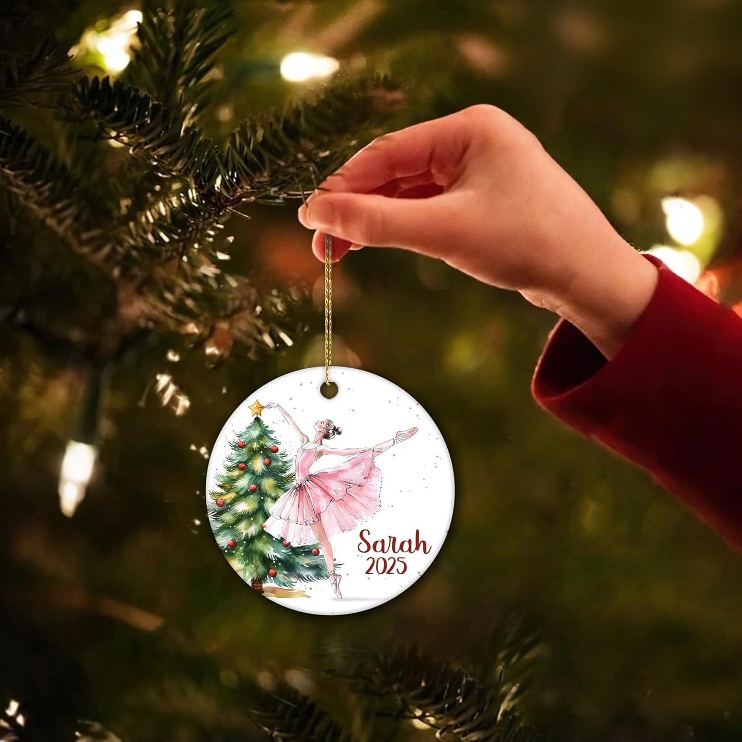 Ballet Dancer by Christmas Tree Ceramic Ornament – Personalized Name Keepsake, Custom Christmas Gift for Ballerina Girl, Dance Student or Teacher