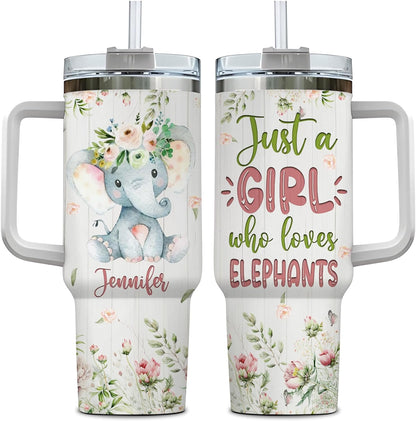 Elephant Floral 40oz Tumbler with Handle & Straw – Personalized Stainless Steel Insulated Travel Cup with Lid – Creative Gift for Animal Lovers