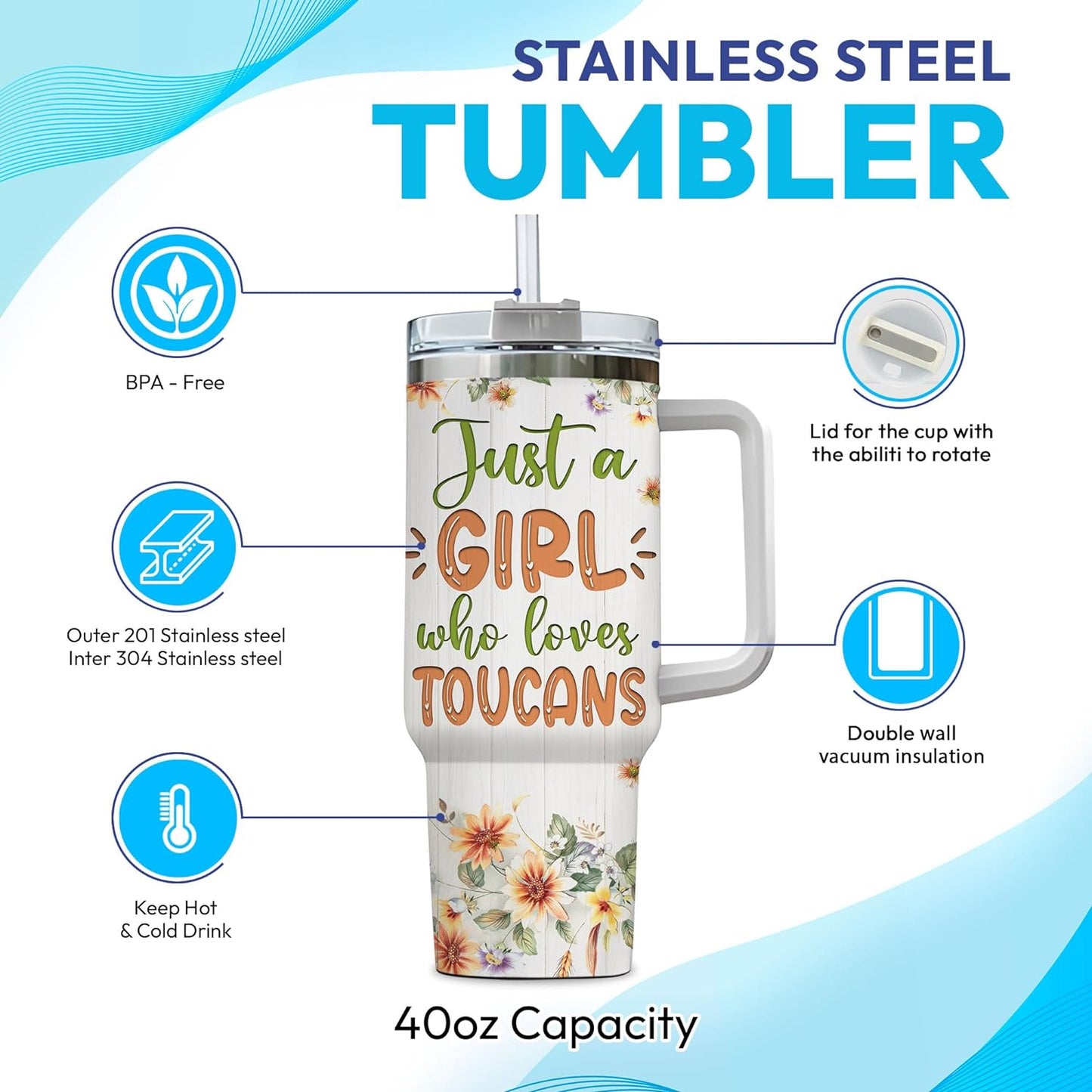 Toucan Tumbler 40oz – Personalized Stainless Steel Insulated Travel Cup with Handle & Straw – Tropical Bird Coffee Mug Gift for Women