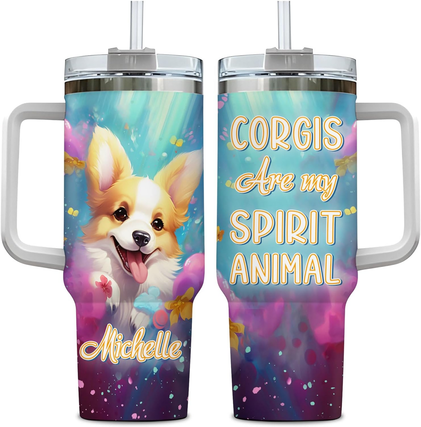Corgi Spirit Animal Tumbler 40oz – Personalized Stainless Steel Insulated Cup with Handle & Straw – Cute Gift for Dog Lovers