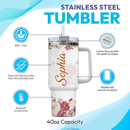 Highland Cow Floral Tumbler 40oz – Personalized Stainless Steel Insulated Cup with Handle & Straw – Unique Gift for Cow Lovers