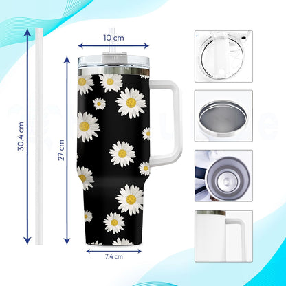 Daisy Flower Tumbler 40oz with Handle & Straw – Personalized Stainless Steel Insulated Travel Cup with Lid – Stylish Floral Gift for Women & Mom