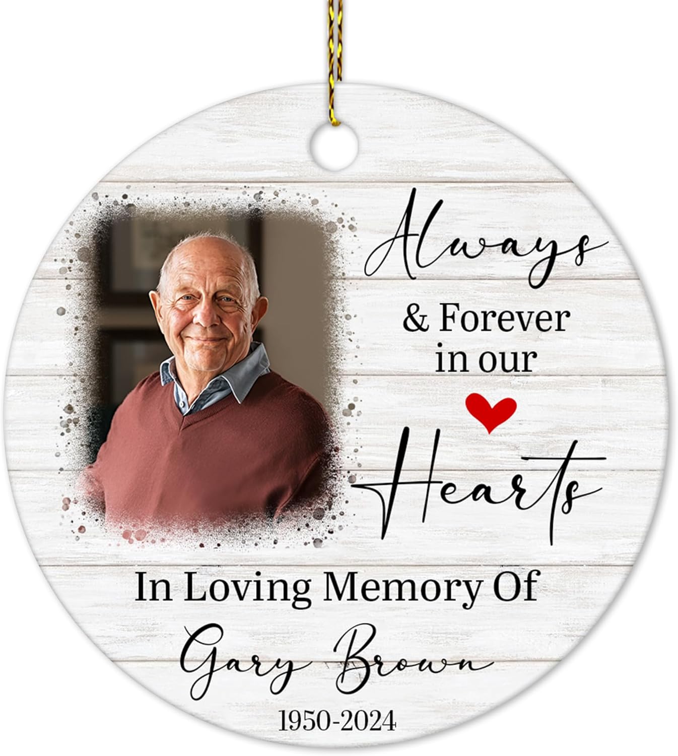 Wood-Look Photo Memorial Ceramic Ornament – Personalized Remembrance Gift for Loss of Loved One at Christmas