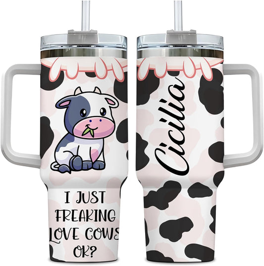 Cute Cartoon Cow Tumbler 40oz with Handle & Straw – Personalized Stainless Steel Travel Cup with Lid – Fun Gift for Animal Lovers
