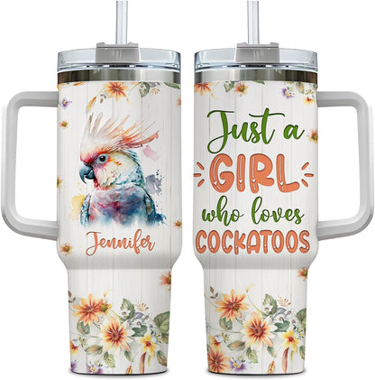 Cockatoo Tumbler 40oz with Handle & Straw – Personalized Stainless Steel Insulated Travel Cup with Lid – Fun Gift for Parrot Lovers