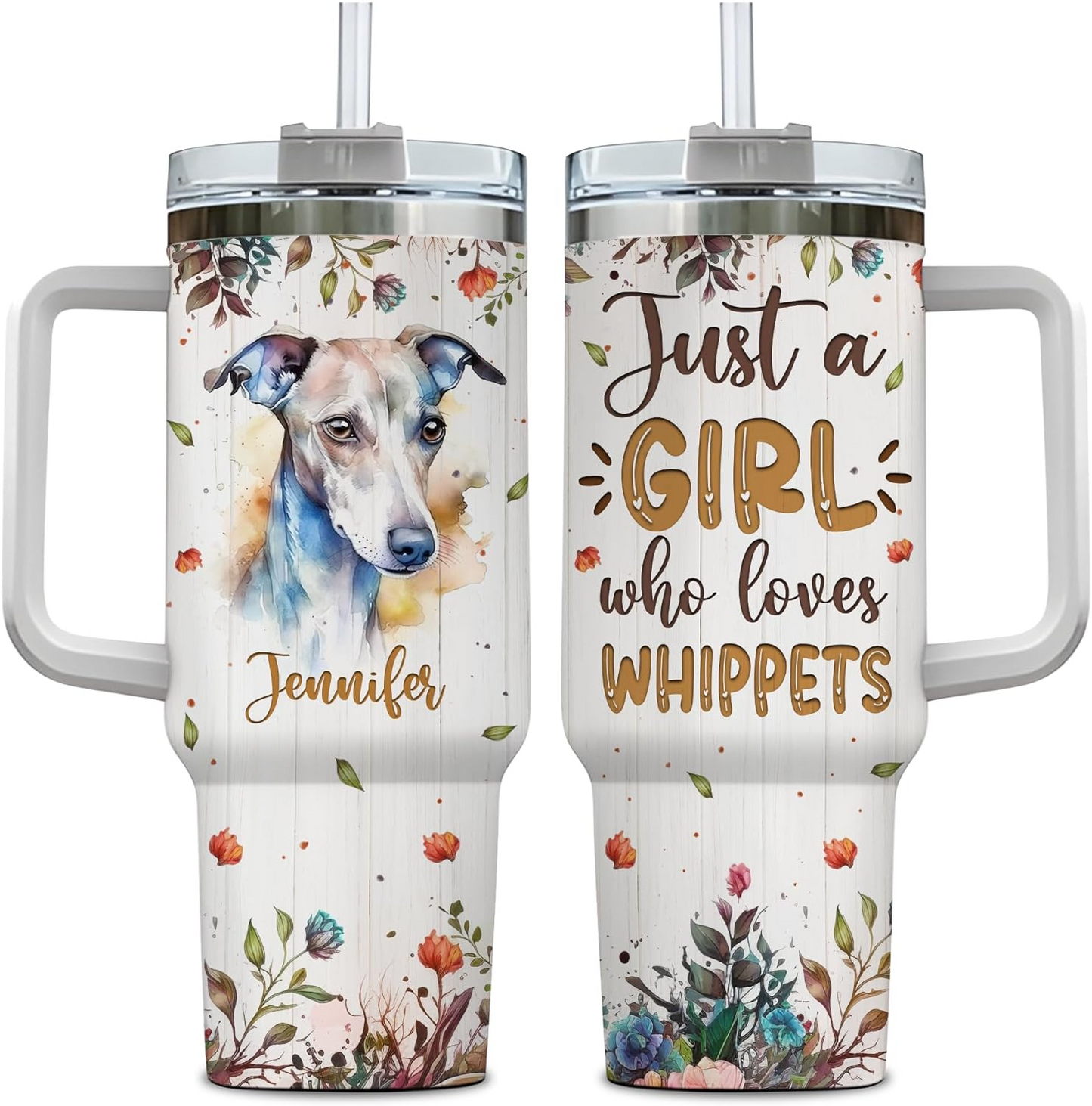 Whippet Lover Tumbler 40oz with Handle & Straw – Personalized Stainless Steel Insulated Mug with Lid – Stylish Gift for Dog Moms