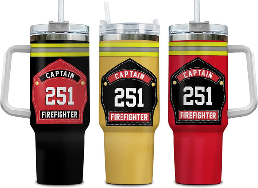 Firefighter Captain Tumbler 40oz with Handle & Straw – Personalized Stainless Steel Insulated Travel Cup with Lid – Unique Gift for Firemen & Heroes
