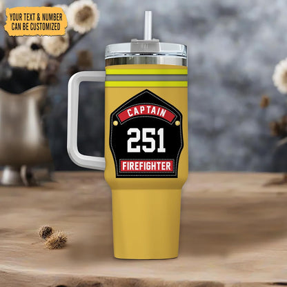 Firefighter Captain Tumbler 40oz with Handle & Straw – Personalized Stainless Steel Insulated Travel Cup with Lid – Unique Gift for Firemen & Heroes