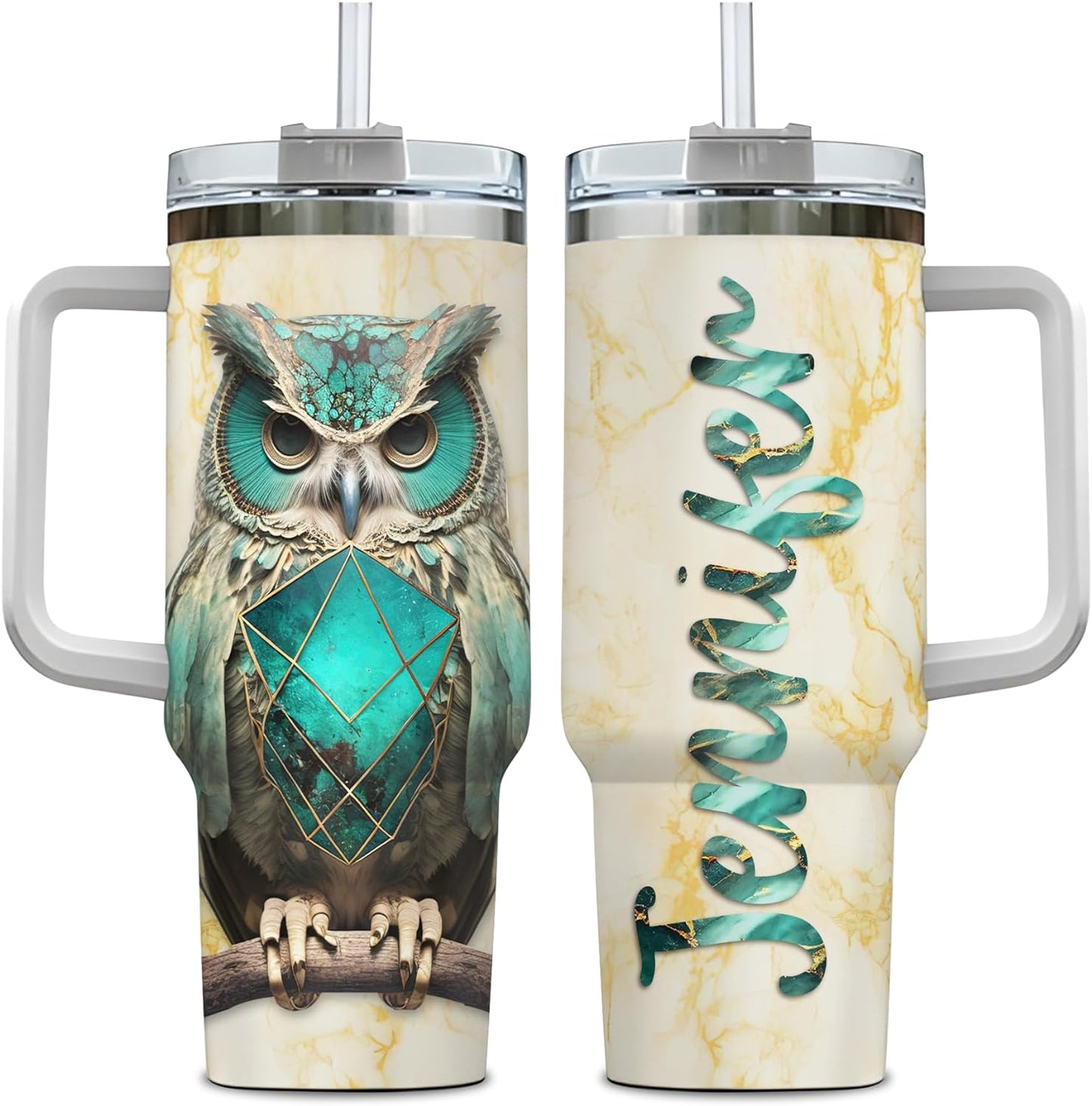 Owl & Gemstone Tumbler 40oz with Handle & Straw – Personalized Stainless Steel Insulated Travel Cup with Lid – Artistic Gift for Owl Lovers