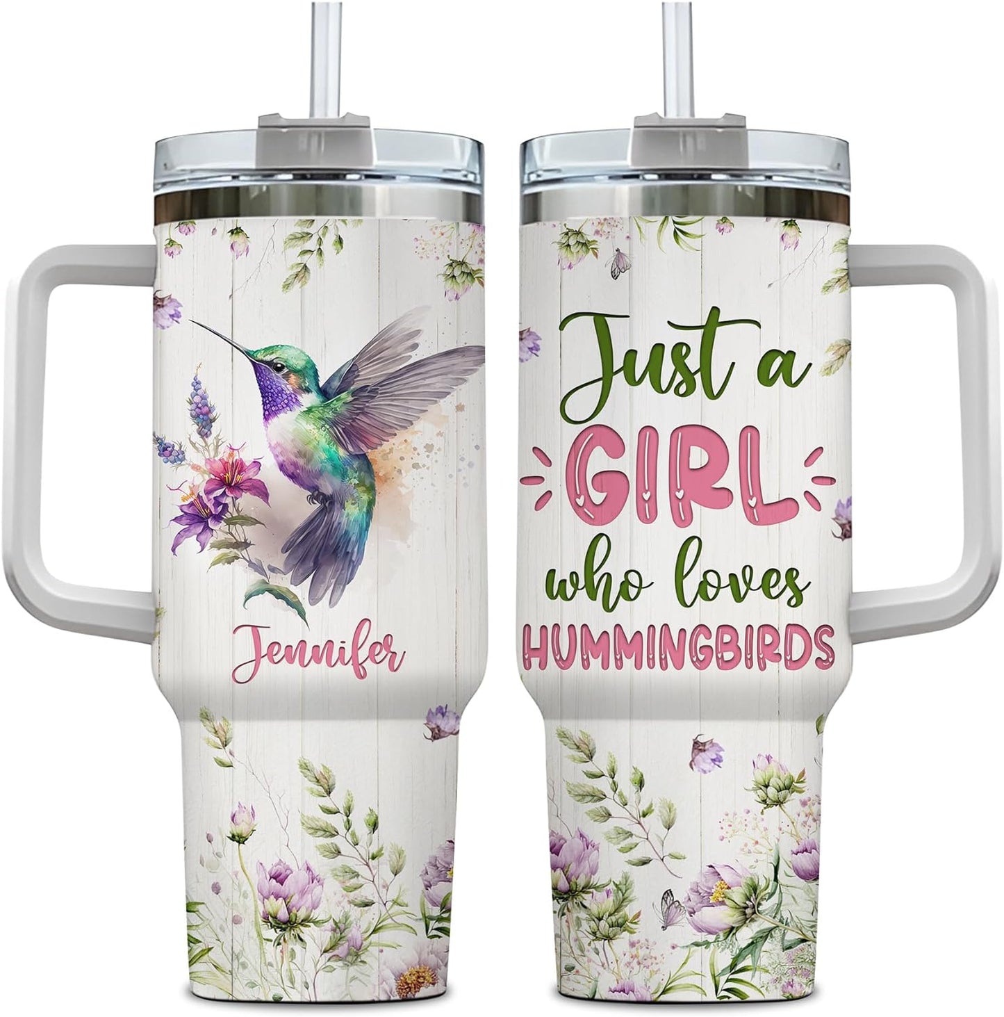 Hummingbird Tumbler 40oz with Handle & Straw – Personalized Stainless Steel Insulated Travel Cup with Lid – Stylish Gift for Bird Lovers