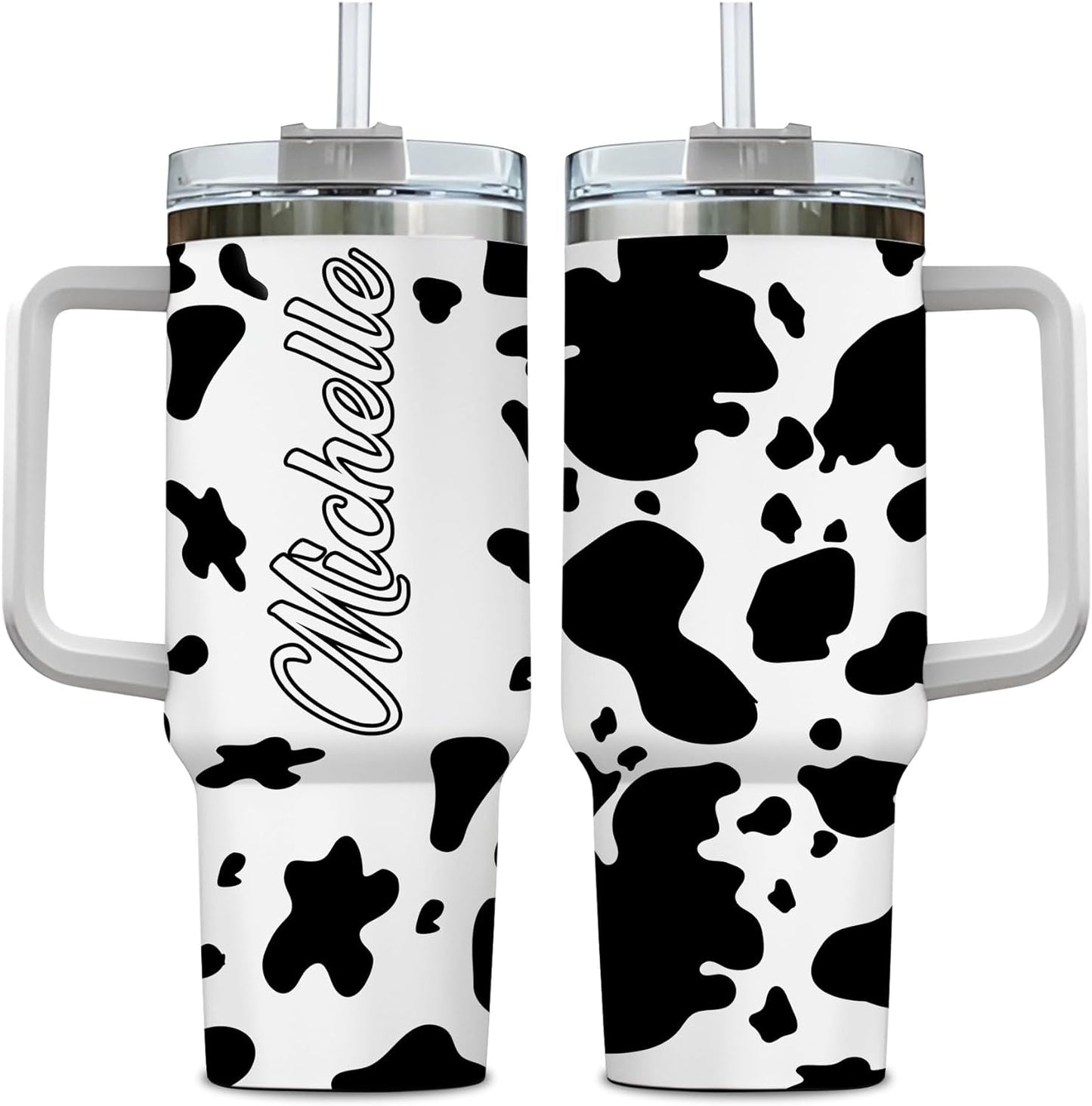Cow Print Tumbler 40oz – Personalized Stainless Steel Insulated Travel Cup with Handle & Straw, Leak-Proof Lid – Unique Gift for Farm Animal Lovers