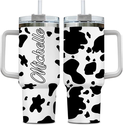 Cow Print Tumbler 40oz – Personalized Stainless Steel Insulated Travel Cup with Handle & Straw, Leak-Proof Lid – Unique Gift for Farm Animal Lovers