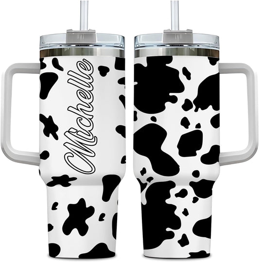 Cow Print Tumbler 40oz – Personalized Stainless Steel Insulated Travel Cup with Handle & Straw, Leak-Proof Lid – Unique Gift for Farm Animal Lovers