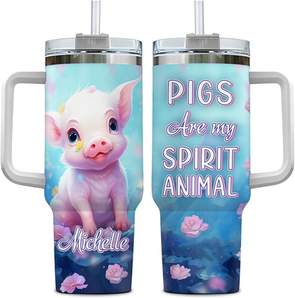Pig Lover Tumbler 40oz with Handle & Straw – Personalized Stainless Steel Insulated Travel Cup with Lid – Cute Birthday & Christmas Gift for Animal Lovers