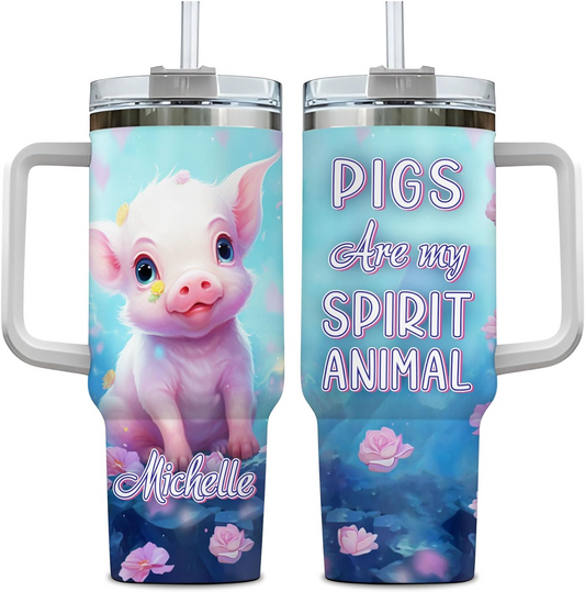 Pig Lover Tumbler 40oz with Handle & Straw – Personalized Stainless Steel Insulated Travel Cup with Lid – Cute Birthday & Christmas Gift for Animal Lovers