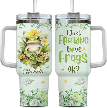 Floral Frog Tumbler 40oz with Handle & Straw – Personalized Stainless Steel Insulated Travel Cup with Lid – Fun Gift for Frog Lovers