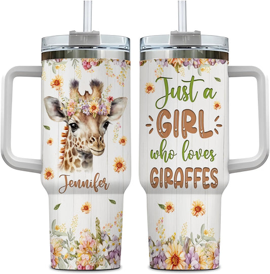 Floral Giraffe 40oz Tumbler with Handle & Straw – Personalized Stainless Steel Insulated Travel Cup with Lid – Unique Gift for Animal Lovers
