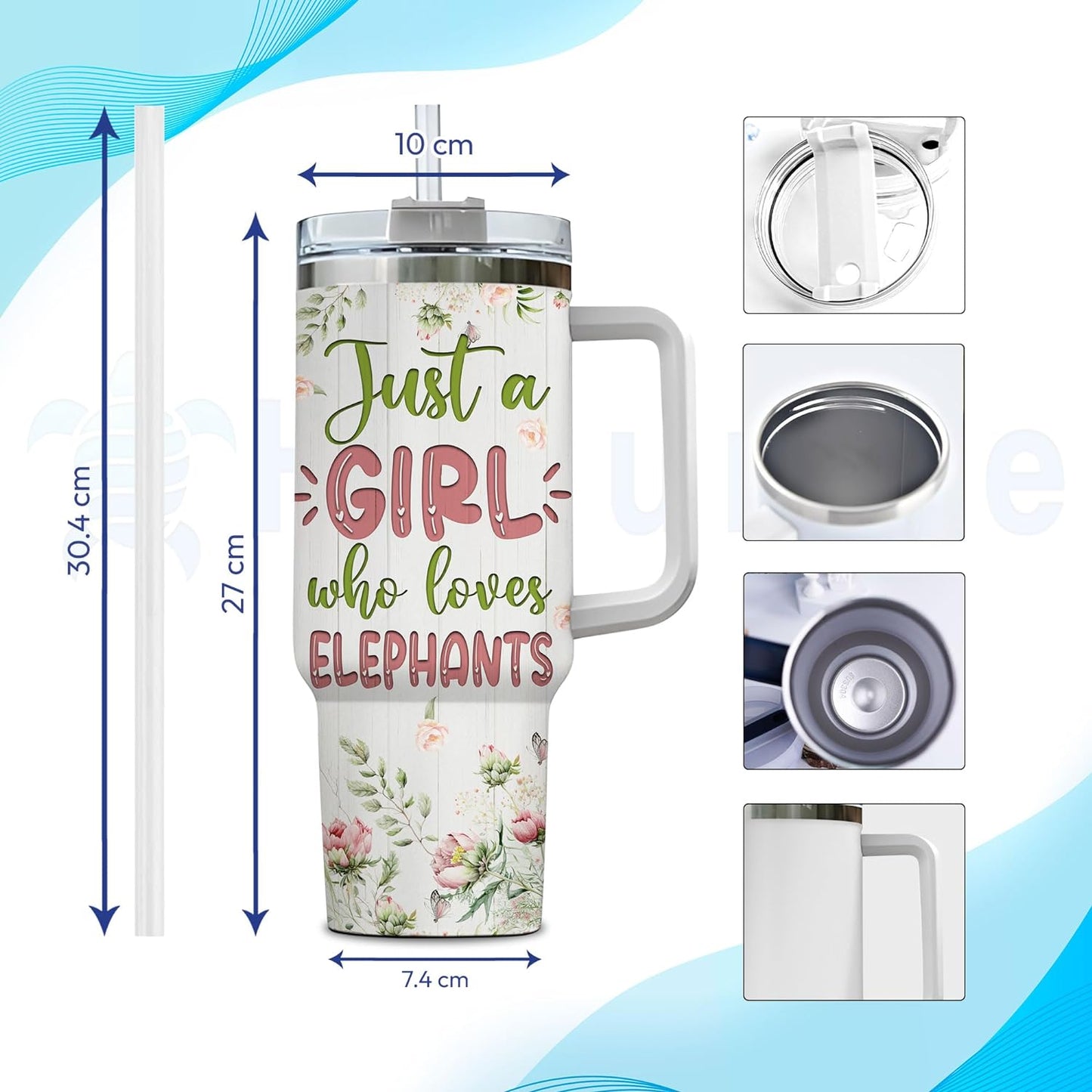 Elephant Floral 40oz Tumbler with Handle & Straw – Personalized Stainless Steel Insulated Travel Cup with Lid – Creative Gift for Animal Lovers