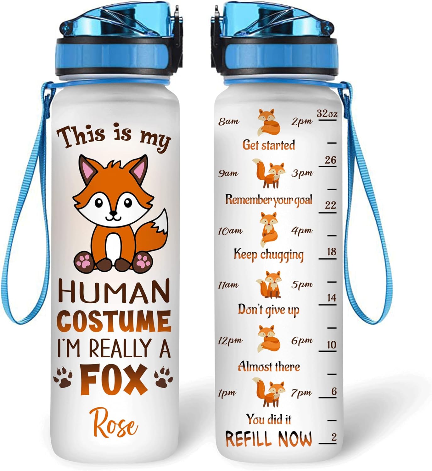 Cute Fox Costume Water Bottle Tracker 32oz – Personalized Motivational Bottle with Time Marker – Funny Unique Gift for Fox Lovers