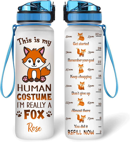 Cute Fox Costume Water Bottle Tracker 32oz – Personalized Motivational Bottle with Time Marker – Funny Unique Gift for Fox Lovers