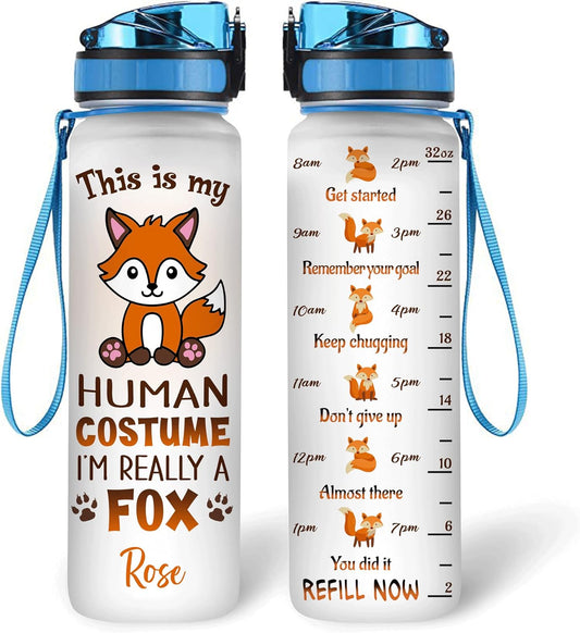 Cute Fox Costume Water Bottle Tracker 32oz – Personalized Motivational Bottle with Time Marker – Funny Unique Gift for Fox Lovers