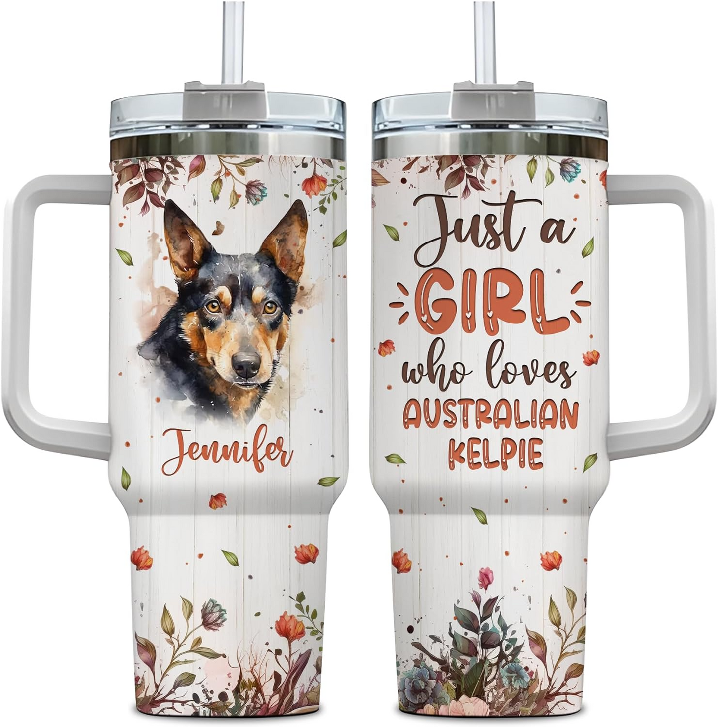 Australian Kelpie Lover Tumbler 40oz with Handle & Straw – Personalized Stainless Steel Insulated Cup – Unique Gift for Dog Moms