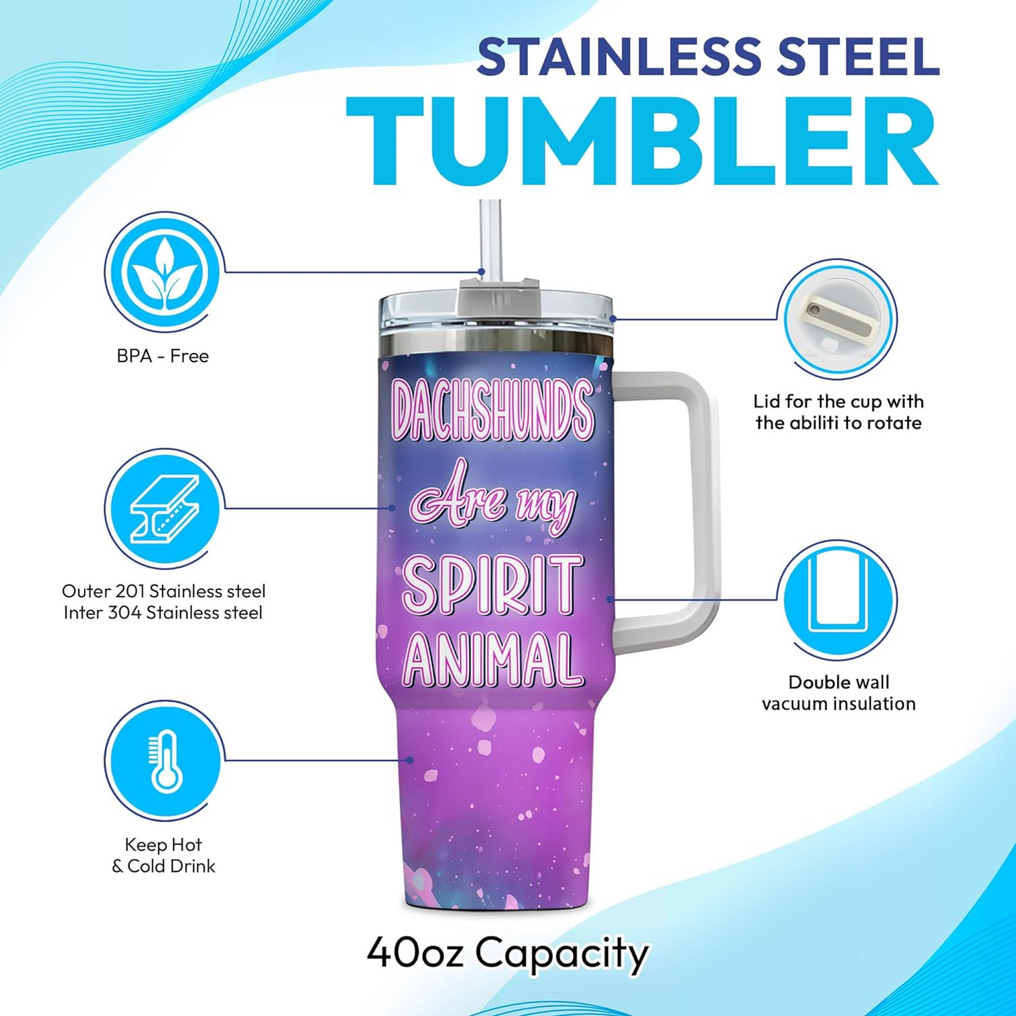 Dachshund Dog Spirit Animal Tumbler 40oz – Personalized Stainless Steel Travel Cup with Handle & Straw – Stylish Gift for Dog Lovers