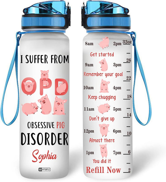 Funny Pig Water Bottle Tracker 32oz – Personalized Motivational Bottle with Time Marker – Cute Gift for Pig Lovers