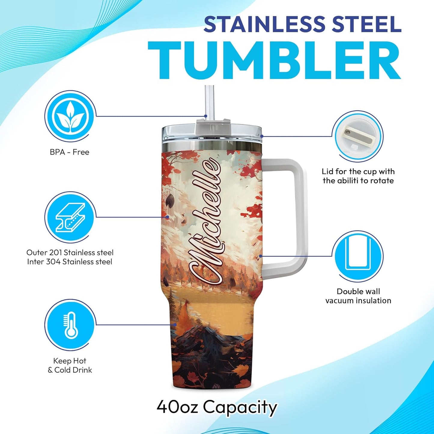 Fall Owl Tumbler 40oz – Personalized Stainless Steel Insulated Travel Cup with Handle & Straw, Leak-Proof Lid – Stylish Autumn Gift for Owl Lovers