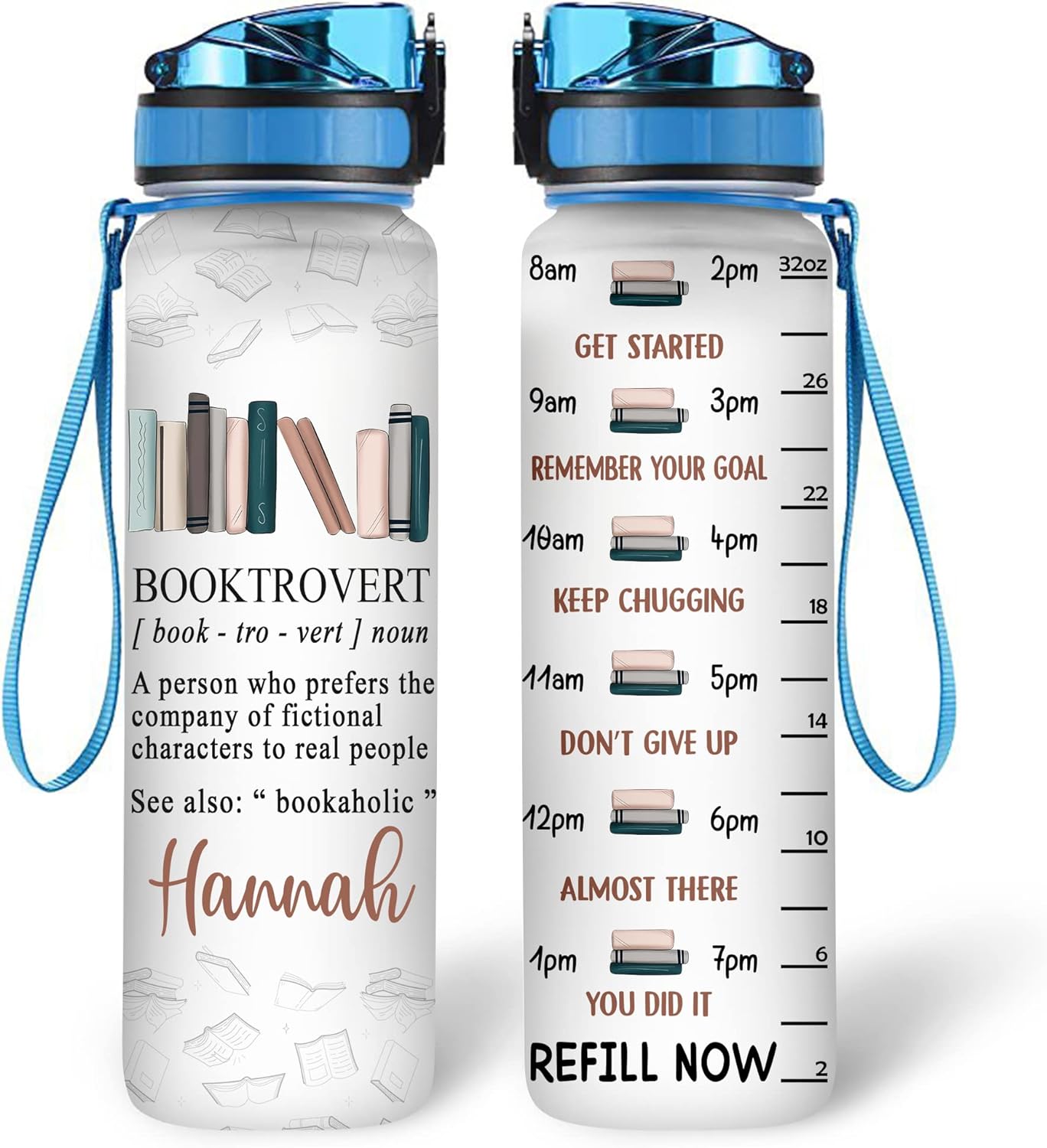 Booktrovert Water Bottle Tracker 32oz – Personalized Motivational Bottle with Time Marker – Creative Gift for Book Lovers