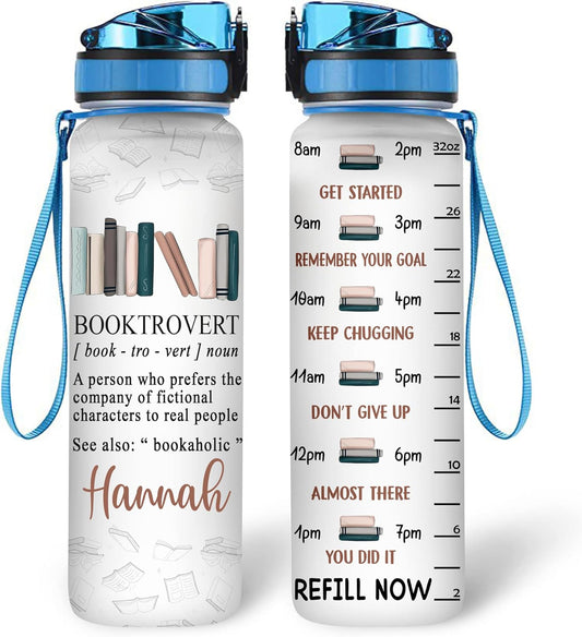 Booktrovert Water Bottle Tracker 32oz – Personalized Motivational Bottle with Time Marker – Creative Gift for Book Lovers