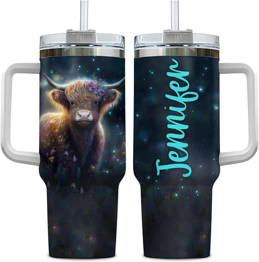 Highland Cow Night Glow Tumbler 40oz with Handle & Straw – Personalized Stainless Steel Insulated Cup with Lid – Creative Gift for Animal Lovers