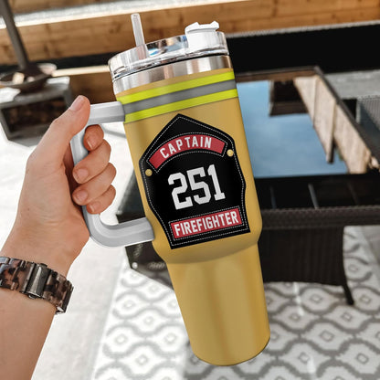 Firefighter Captain Tumbler 40oz with Handle & Straw – Personalized Stainless Steel Insulated Travel Cup with Lid – Unique Gift for Firemen & Heroes