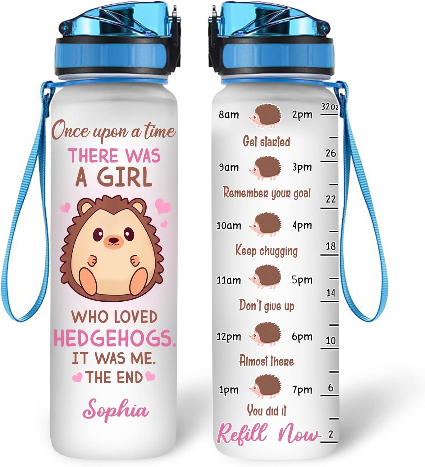 Hedgehog “Once Upon A Time There Was A Girl Who Loved Hedgehogs” Water Bottle Tracker 32oz – Personalized Hydration Bottle with Time Marker – Sentimental Gift for Hedgehog Lovers