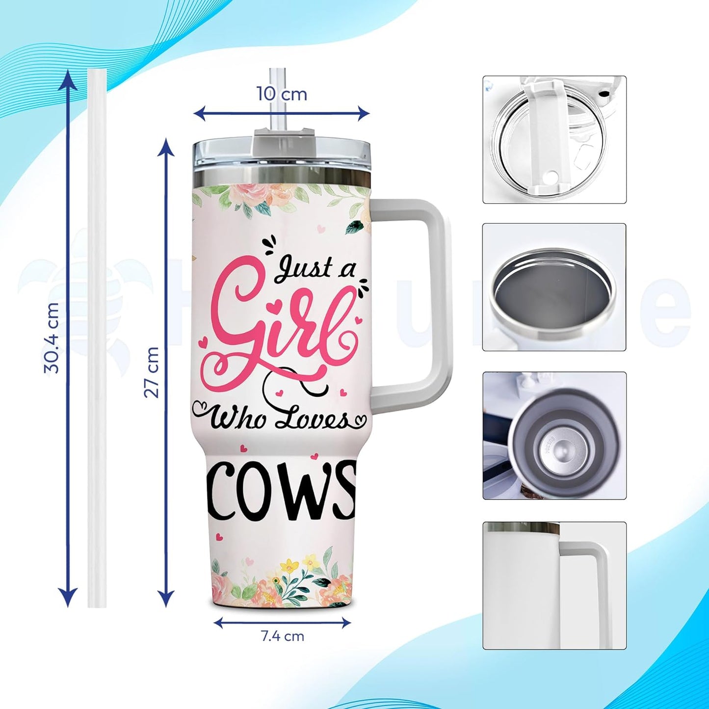 Cute Cow Tumbler 40oz – Personalized Stainless Steel Insulated Travel Cup with Handle & Straw, Leak-Proof Lid – Stylish Gift for Farm Animal Lovers