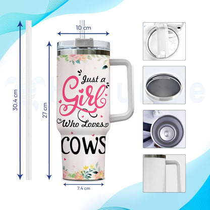 Cute Cow Tumbler 40oz – Personalized Stainless Steel Insulated Travel Cup with Handle & Straw, Leak-Proof Lid – Stylish Gift for Farm Animal Lovers